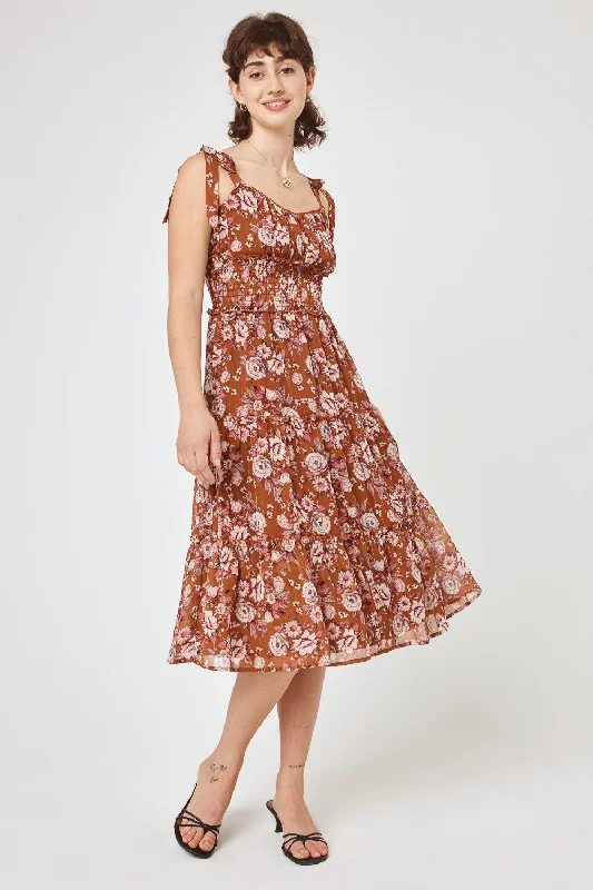 Brown Floral Tie Shoulder Midi Chiffon Dress