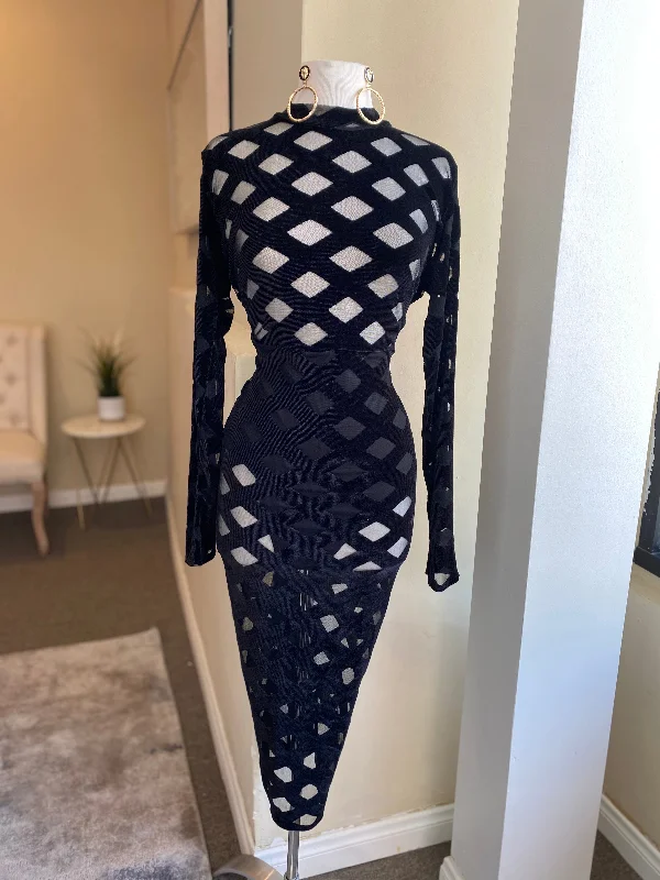 Burn Out Mesh Long Sleeve Midi Dress