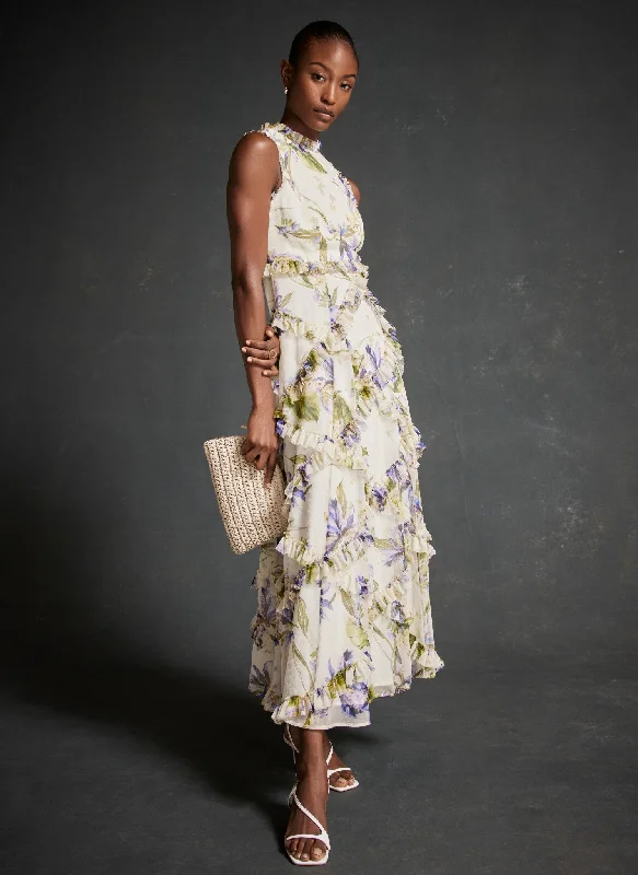 Cream Floral Print Ruffle Maxi Dress