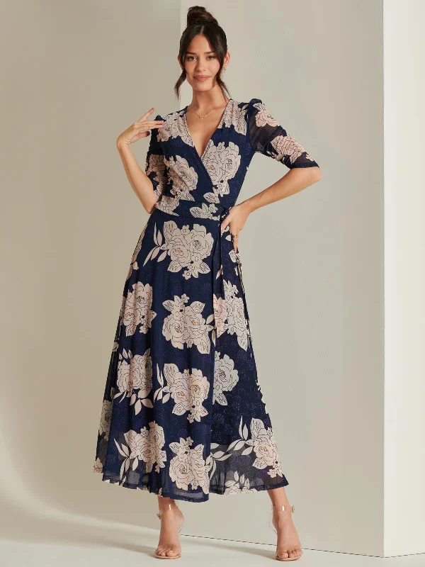 Daliyah Wrap Front Mesh Maxi Dress, Navy Floral