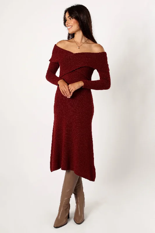 Deena Off Shoulder Midi Dress - Red