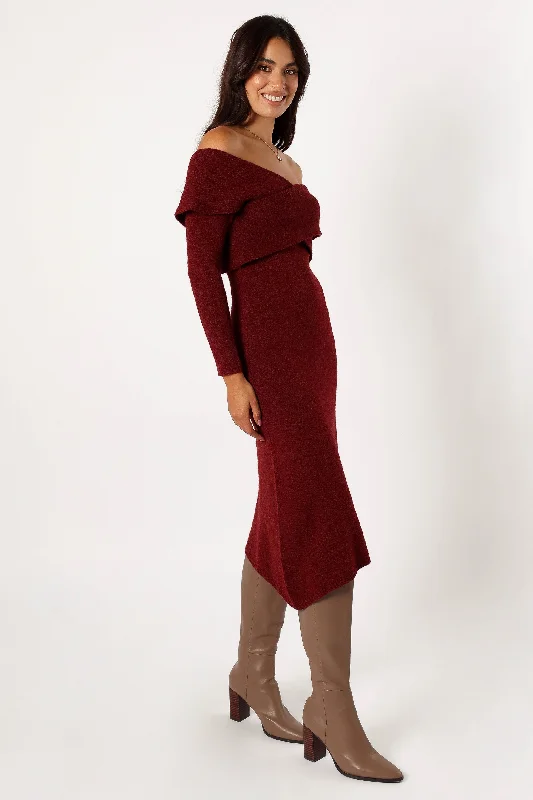 Deena Off Shoulder Midi Dress - Red