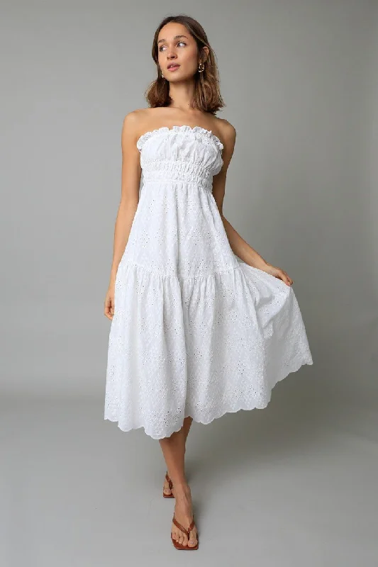 Francesca White Eyelet Strapless Midi Dress