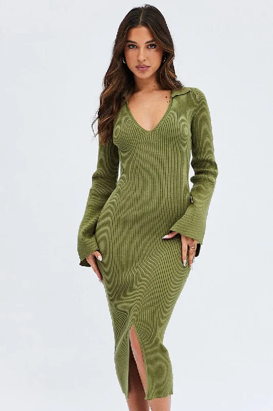 Green Midi Dress Long Sleeve V-Neck Collared Knit