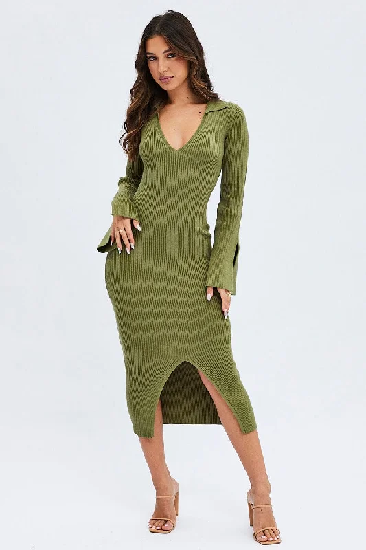 Green Midi Dress Long Sleeve V-Neck Collared Knit