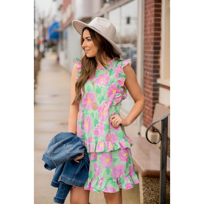 Large Floral Print Ruffle Dress