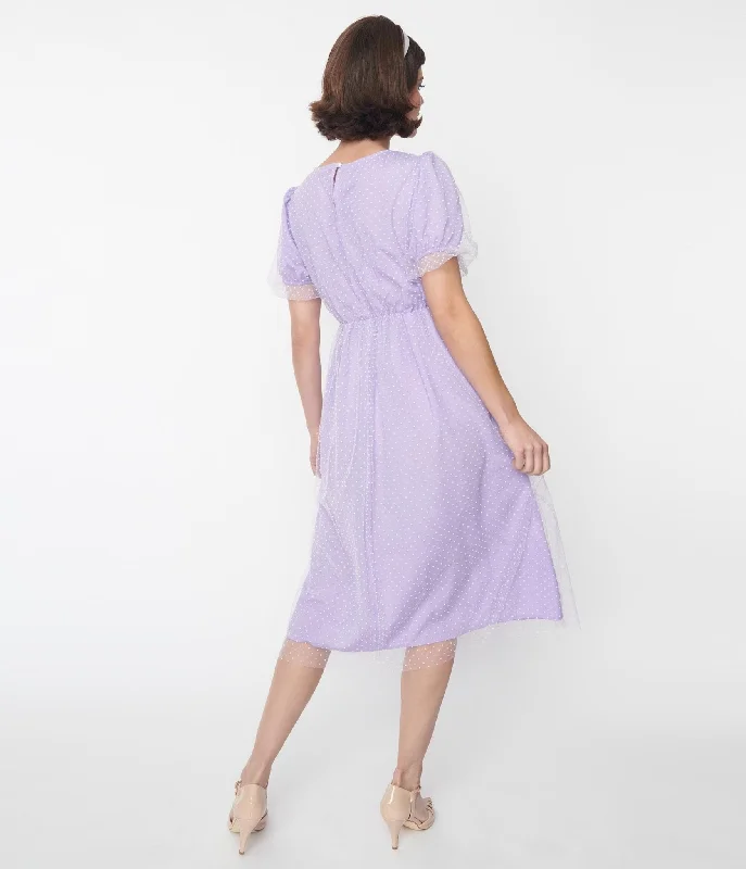 Lavender & White Pin Dot Mesh Overlay Midi Dress