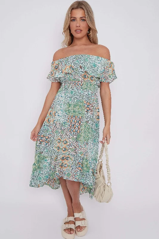 LOVE SUNSHINE Green Floral Patch Print Bardot Midi Dress