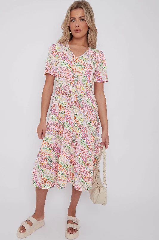 LOVE SUNSHINE Rainbow Leopard Print V Neck Frilled Hem Midi Dress