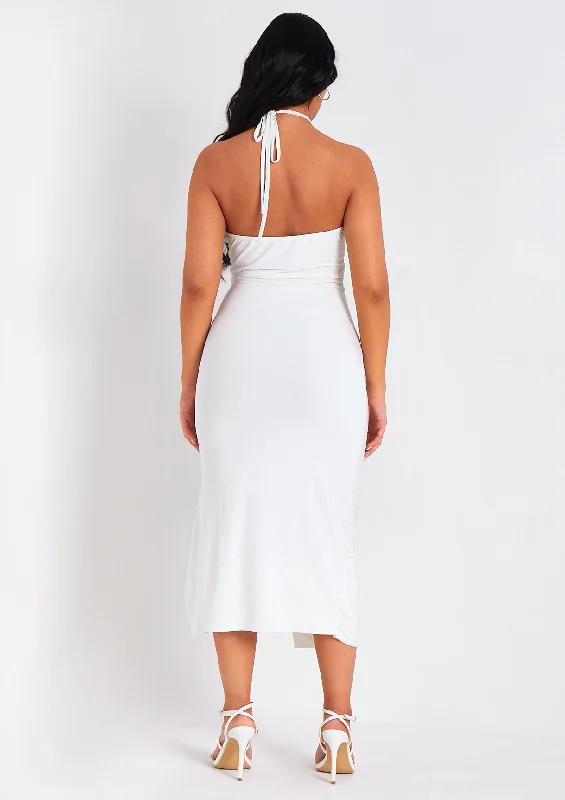 Lucy White Halter Neck Cross Over Ruched Midi Dress