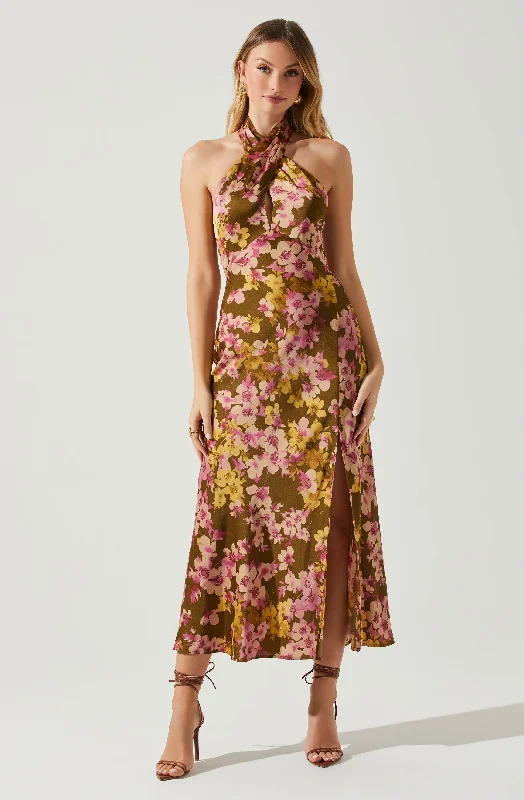 Marissa Satin Halter Neck Floral Midi Dress