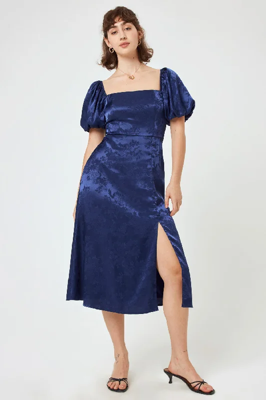 Navy Jacquard Side Button Down Midi Dress