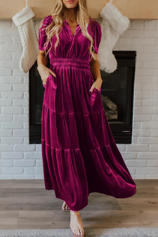 Velvet Short Sleeve Shirred Waist Maxi Dress