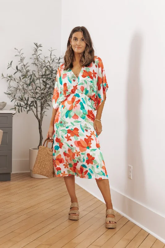 Red Floral Kimono Sleeve Satin Midi Dress - FINAL SALE