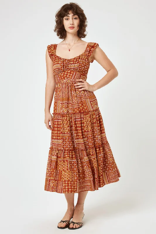 Rust Geo-print Flutter Sleeve Midi Dress