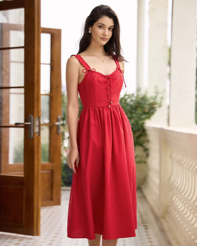 The Red Sweetheart Neck Criss Cross Ruched Midi Dress