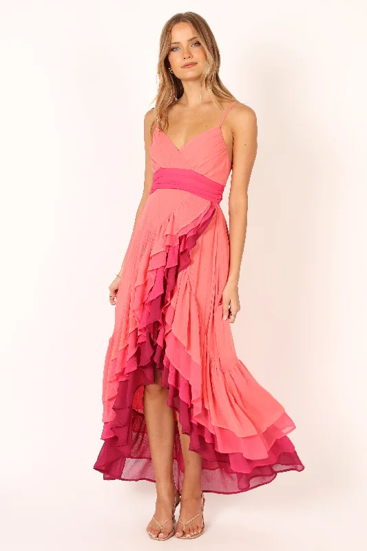 BomBon Tiered Maxi Dress - Coral Hot Pink