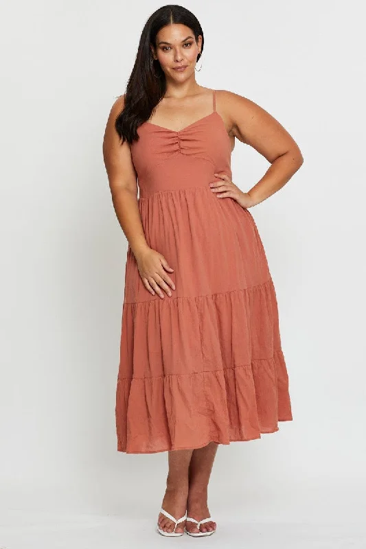 Brown Midi Skater Dress Sleeveless Tie