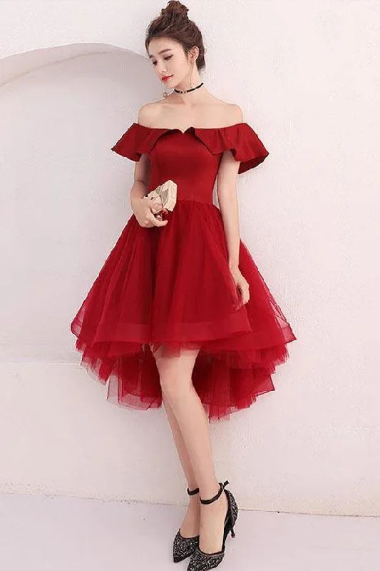 Burgundy Tulle Off Shoulder Short Prom Dress Burgundy Homecoming Dress PD220