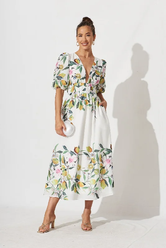 PRE ORDER Camille Maxi Dress In White With Yellow Print