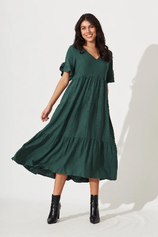 Kristen Midi Dress In Green Linen Blend