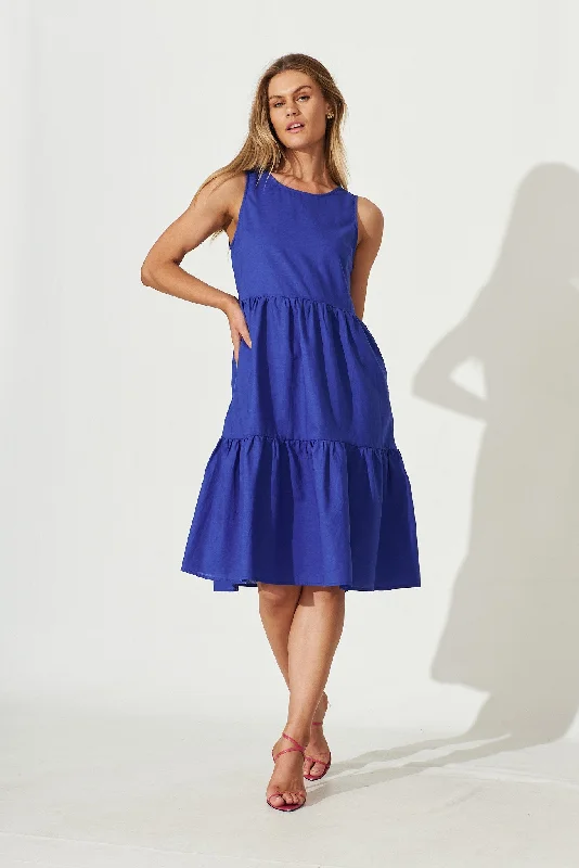 Nayeli Midi Dress In Royal Blue Linen Blend