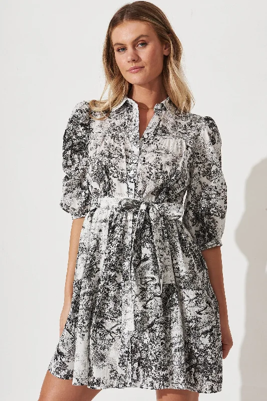 Pearsona Shirt Dress In White With Black Print