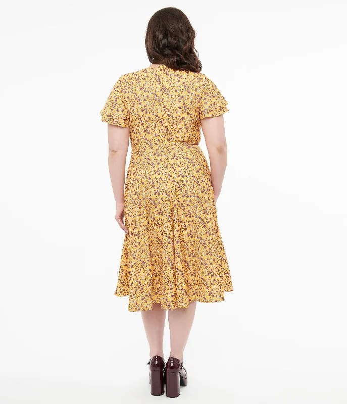 Plus Size 1950s Yellow & Purple Floral Capelet Swing Dress