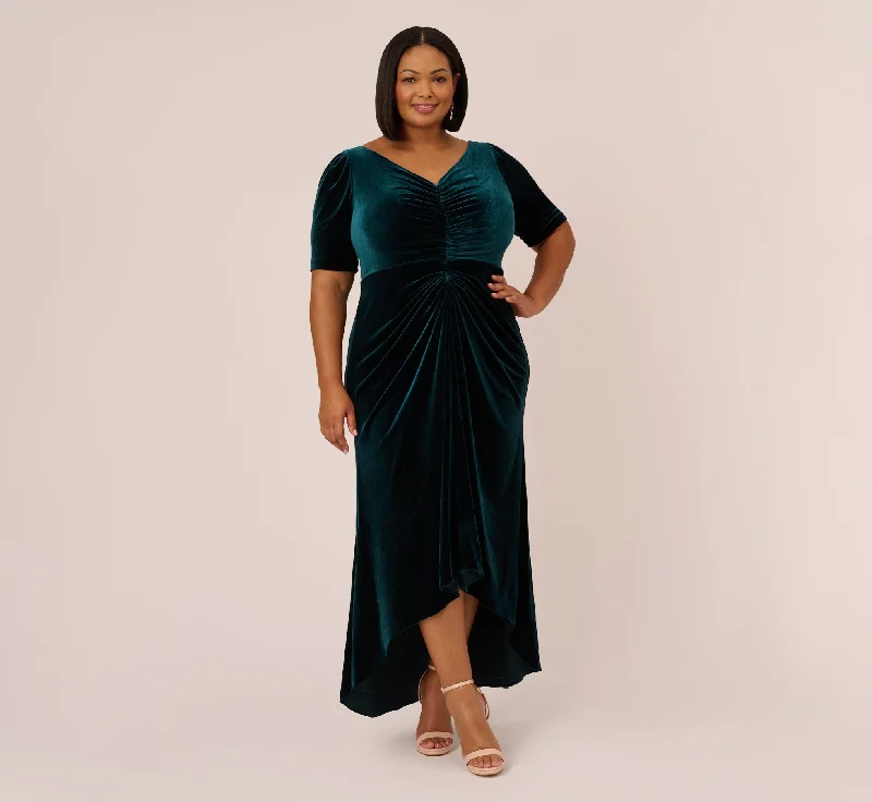 Plus Size Shirred Velvet Gown With Elbow-Length Sleeves In Emerald