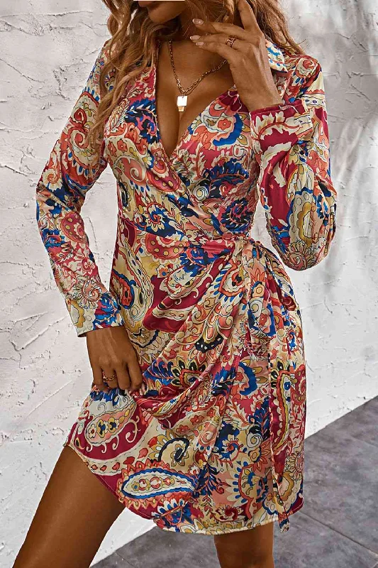 Printed Surplice Neck Long Sleeve Mini Dress