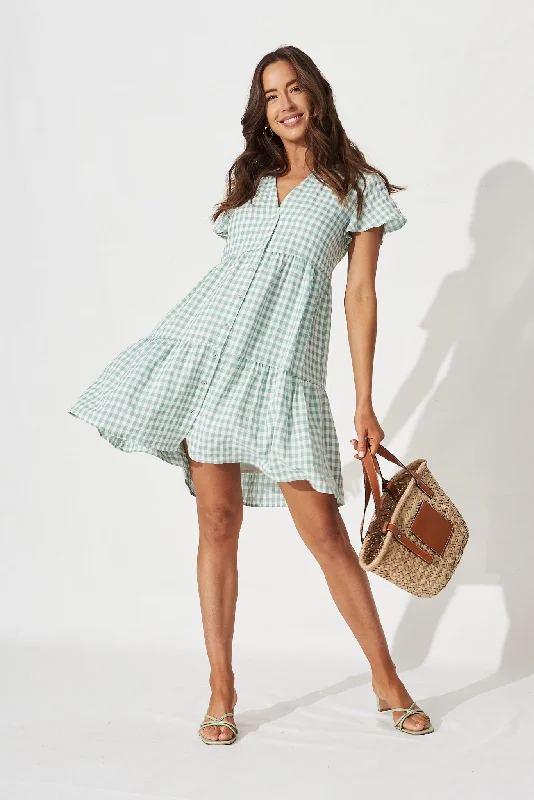 Shelta Shirt Dress In White And Green Gingham