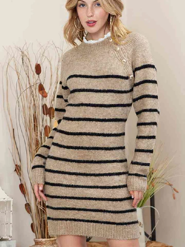 Striped Round Neck Long Sleeve Sweater Dress