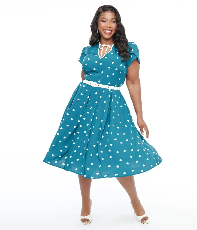 Unique Vintage Plus Size 1940s Teal & White Heart Dahlia Swing Dress