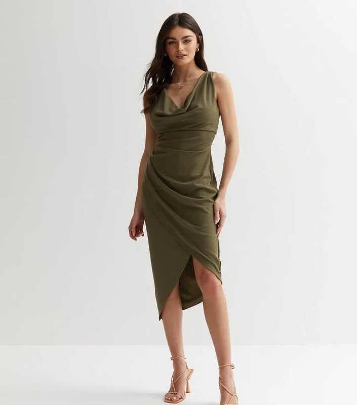 Cowl Neck Bodycon Dress Khaki