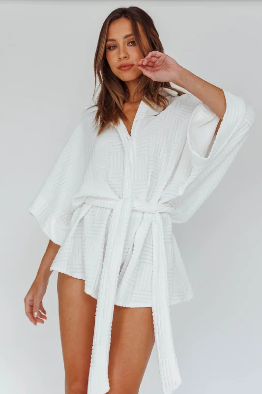 Daytona Beach Button-Up Romper Textured White