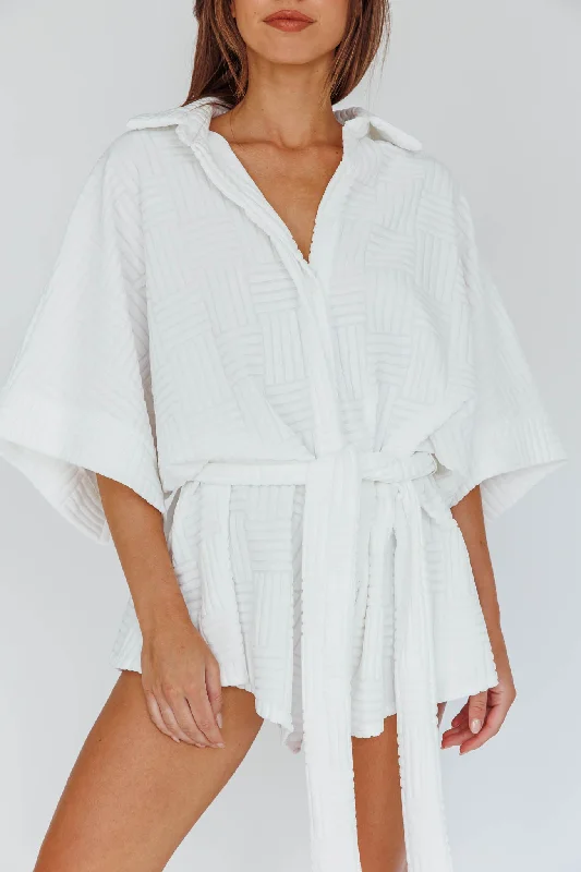 Daytona Beach Button-Up Romper Textured White