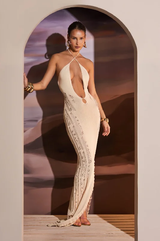 DEEP V NECK KNITTED MAXI DRESS IN SAHARA