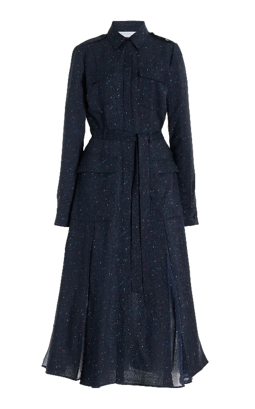 Meyer Pleated Shirtdress in Dark Navy Multi Wool Silk