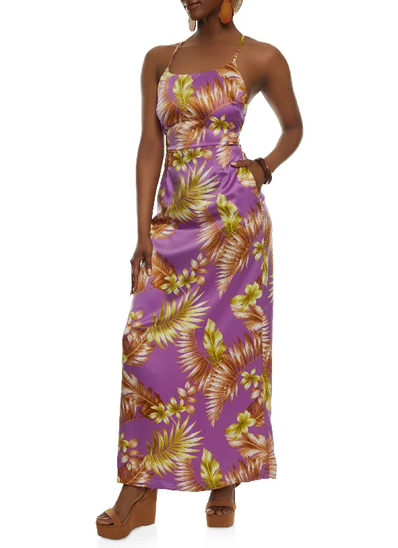 Haute Monde Open Criss Cross Back Tropical Print Maxi Dress