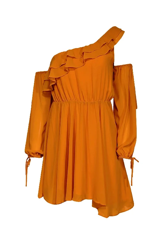 Michael Costello x Revolve - Orange One Shoulder Ruffled Mini Dress Sz XXS