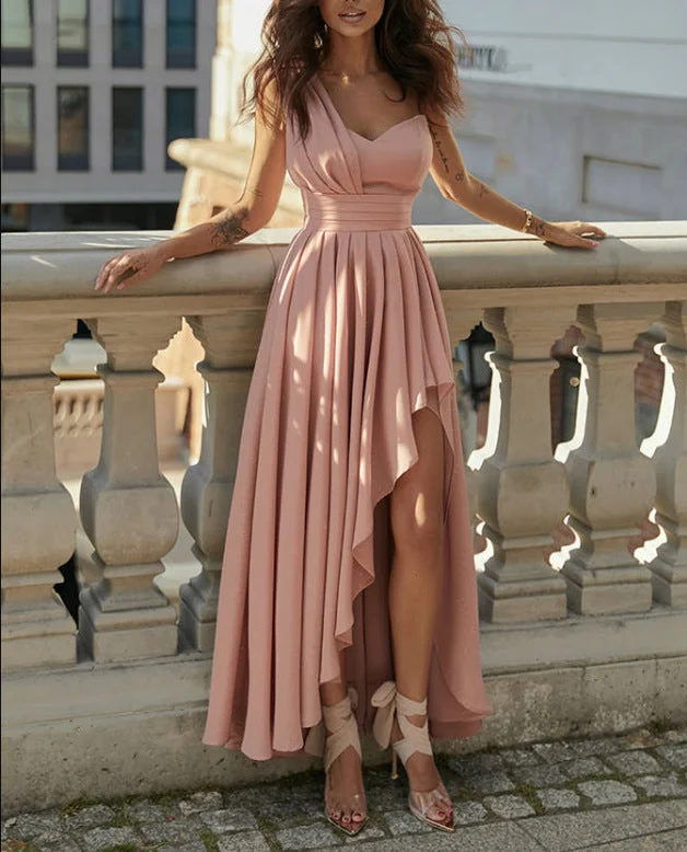 Unique Solid Color Shoulder Split Long Dresses