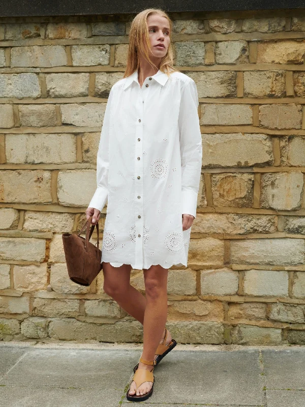 White Laser-Cut Hem Shirt Dress