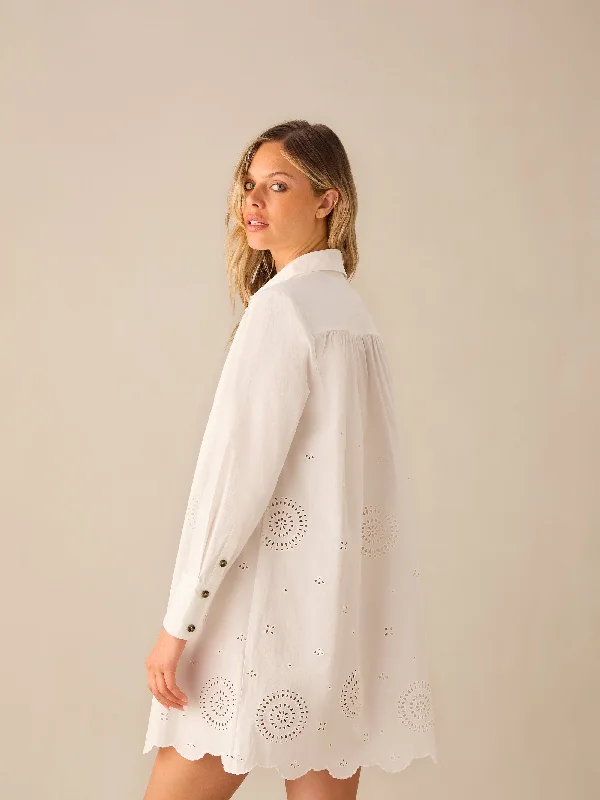 White Laser-Cut Hem Shirt Dress