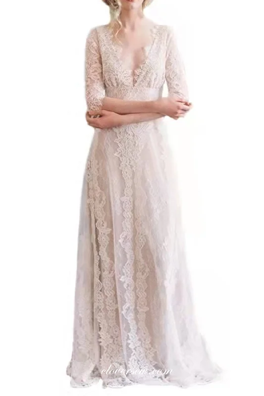 Half Sleeves Lace Charming V-neck Column Boho Wedding Dresses, CW0277