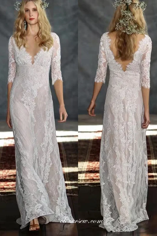 Half Sleeves Lace Charming V-neck Column Boho Wedding Dresses, CW0277