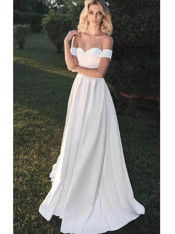 Off Shoulder Long A-line Off White Satin Wedding Dresses