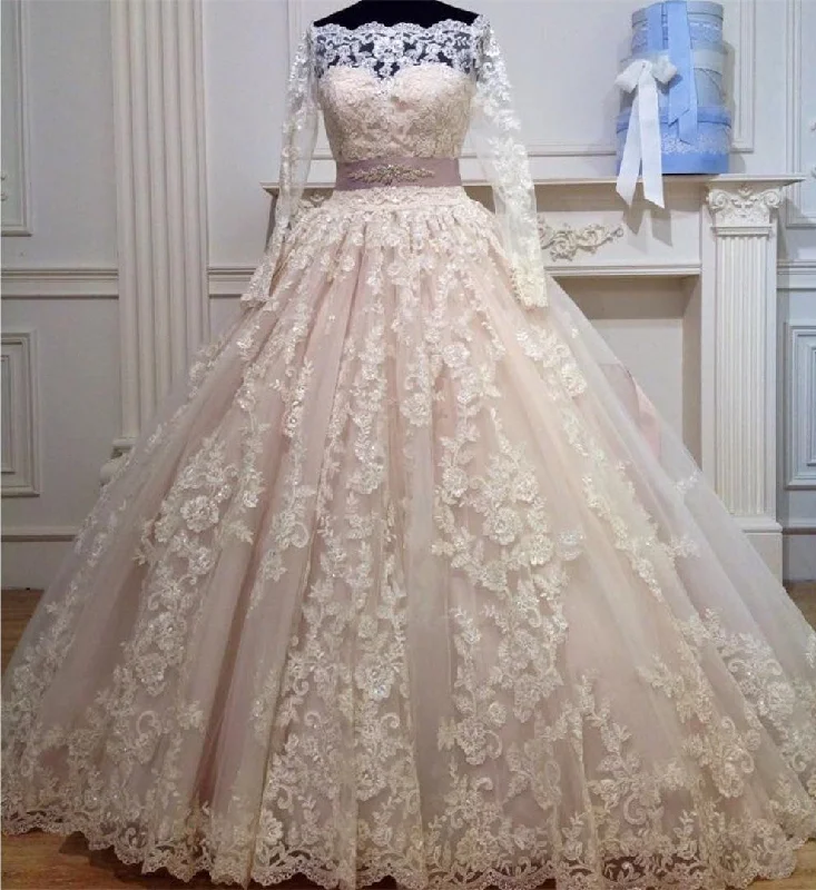 Off The Shoulder Long Sleeves Ball Gown Wedding Lace Dresses With Bow Sashes