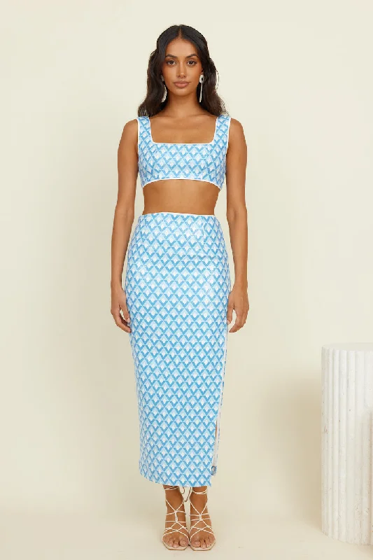 RUNAWAY THE LABEL Carla Midi Skirt Sky Geo Print